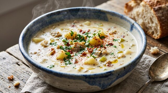 Steaming bowl of creamy clam chowder with potato chunks, chopped parsley and paprika served in a blue and white artisan ceramic bowl