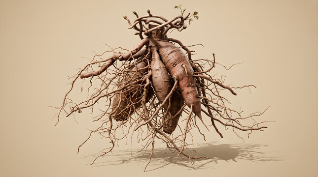 A detailed close-up shot of butea superba tubers with intricate roots, isolated against a neutral background.