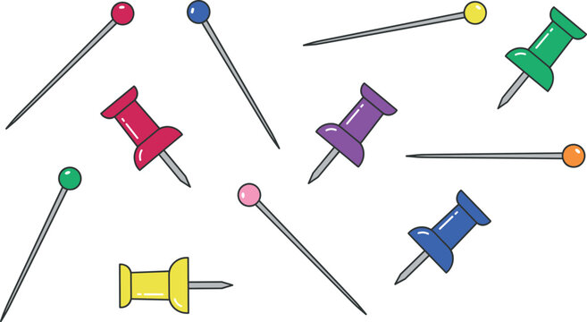 Colorful push pins and sewing straight needles vector collection for office noticeboard isolated on white background