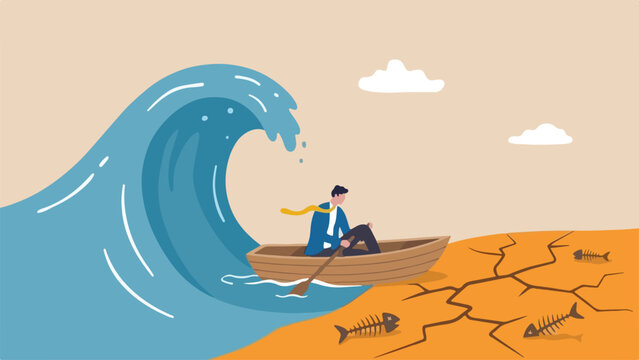 Feast or famine freelance revenue volatility concept freelance designer riding tiny rowboat caught between giant tidal wave of projects and dry parched seabed clean minimal flat vector illustration
