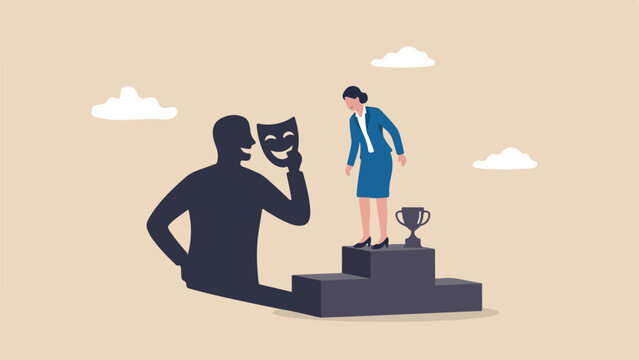 Imposter syndrome self doubt inner critic sabotage concept accomplished businesswoman standing on award podium looking down at her shadow holding laughing mask clean minimal flat vector illustration