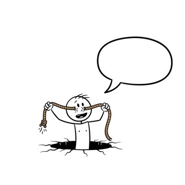 Cartoon man pulling himself up happily.