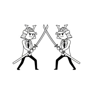 Cartoon samurai warriors with swords fighting.