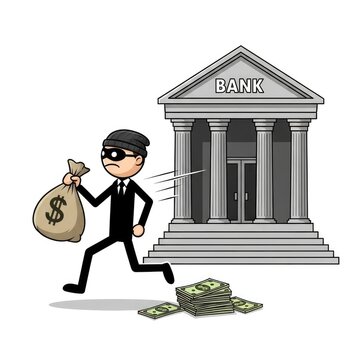 Cartoon thief running from bank robbery.