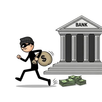 Cartoon thief running from bank robbery.