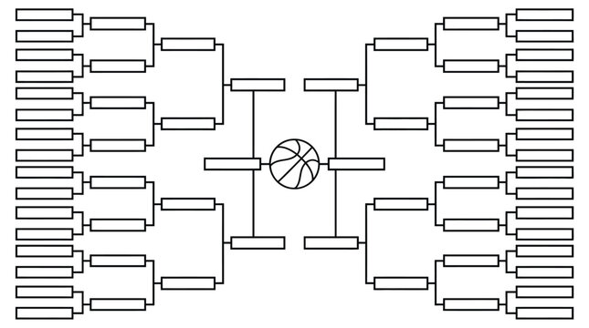 Basketball tournament bracket layout template featuring sixty four teams and central ball graphic
