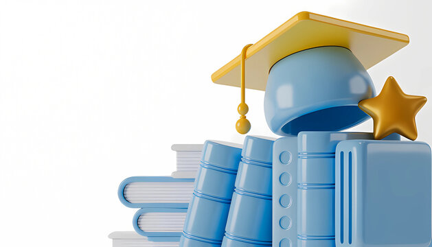 Online education 3D books and graduation cap banner with copy space