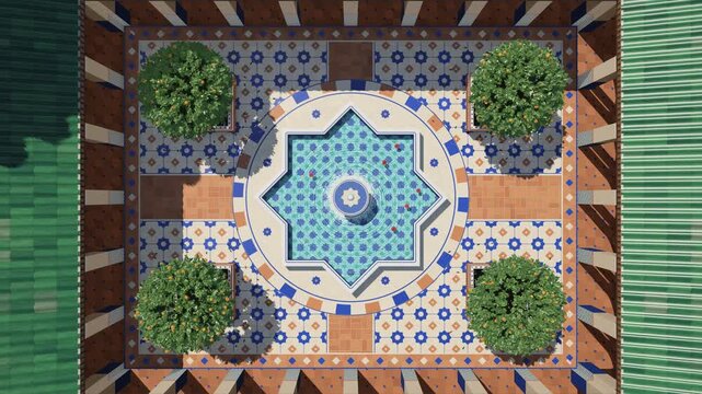 Aerial Top Down Moroccan Riad Courtyard Fountain with Orange Trees Seamless Loop