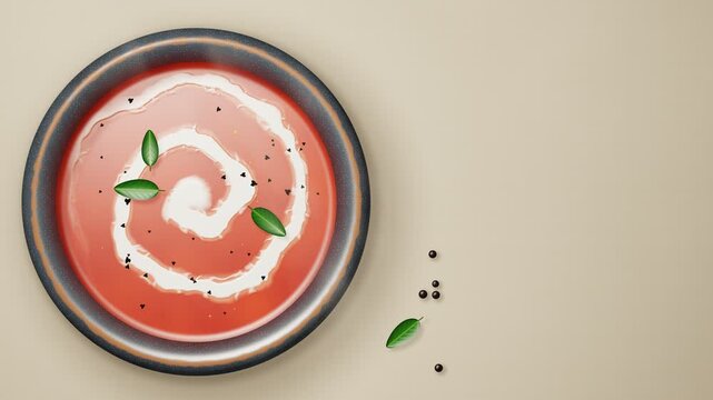 Top Down Tomato Soup with Cream Swirl and Basil Seamless Loop