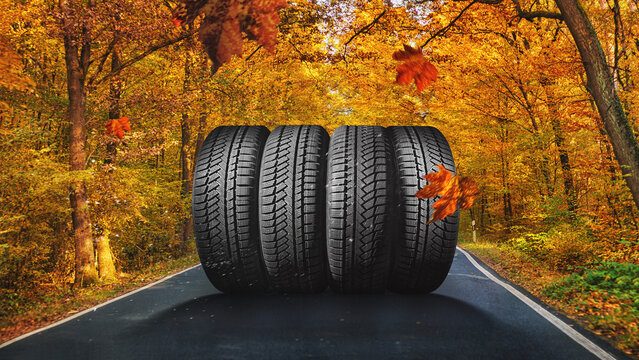 Car tires with on the autumn road - winter tire change concept