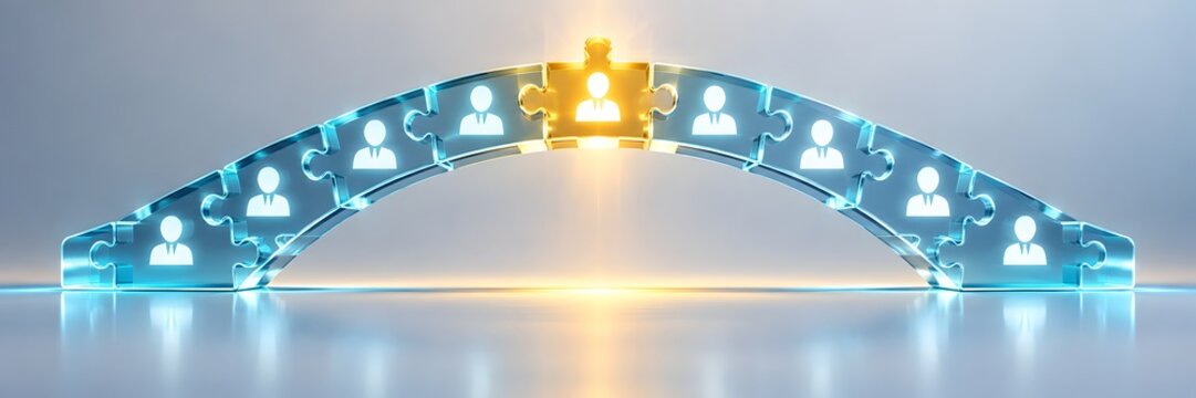 Arched bridge of interlocking blue glass puzzle blocks with glowing golden keystone businessman icon symbolizing leadership, team unity, and strategic partnership