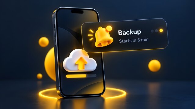 Smartphone with cloud upload icon and floating backup notification bell illustrating automated mobile data storage and scheduled synchronization