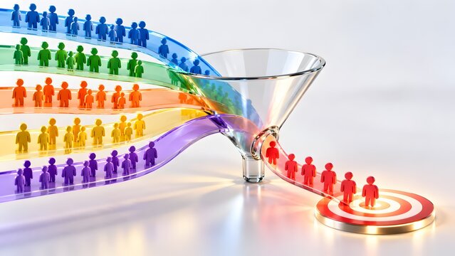 Colorful streams of human figurines flowing through transparent glass funnel to red bullseye target illustrating sales funnel, lead generation, and customer conversion