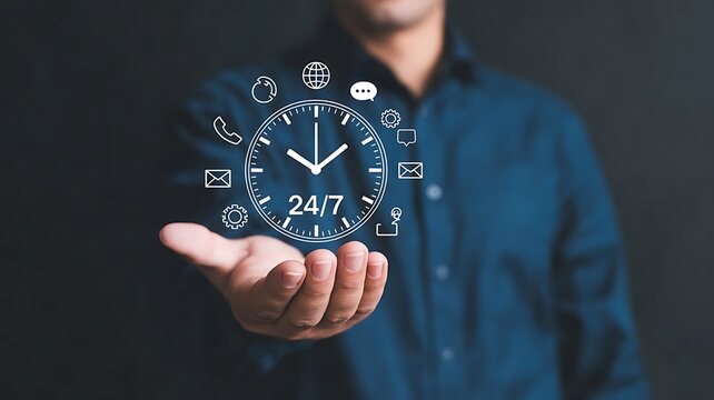 Businessman holding virtual clock with 24 7 service icons representing nonstop customer support and communication