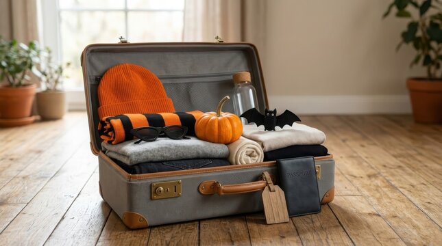 Open suitcase filled with autumn and Halloween-themed travel essentials including orange hat, striped scarf, and bat decoration, ready for a seasonal getaway.