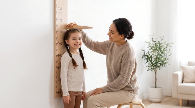 Happy Mother Measuring Cute Little Daughter Height with Wooden Growth Chart Ruler on Wall at Home