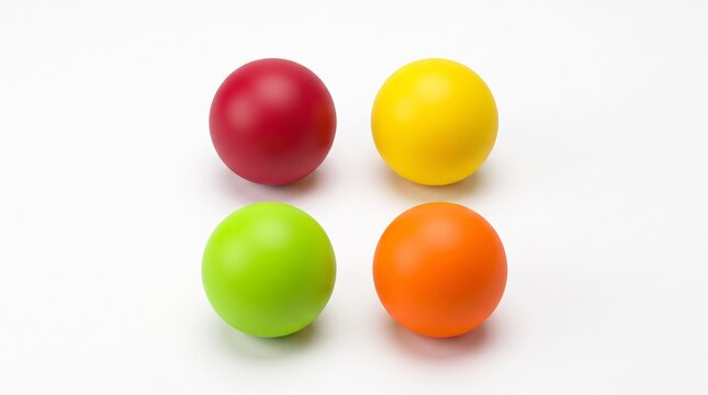 Four colorful spheres, bright red yellow green and orange balls arranged in a square grid on a white background, minimalist studio photography