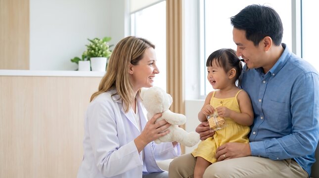 Friendly female pediatrician talking to cute little Asian girl sitting on father lap during medical checkup in clinic