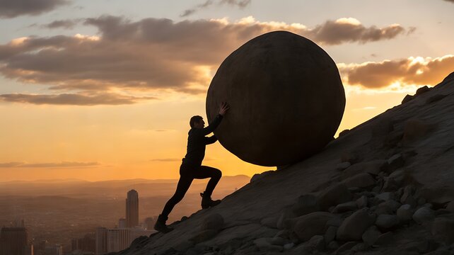 Man pushing giant boulder uphill at sunset - Sisyphus myth perseverance concept over city view