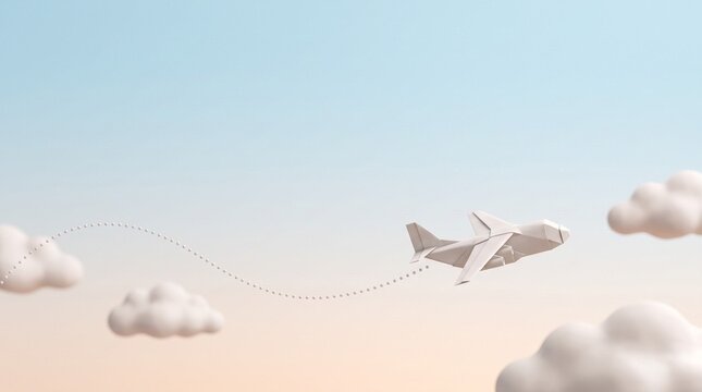 Dreamy minimalist sky background with a tiny cargo plane in the lower corner, smooth light blue and apricot tones, perfect copy space for shipping company websites