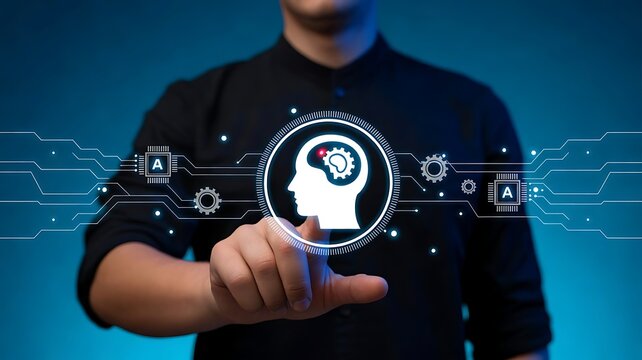 Businessman touching virtual artificial intelligence icon with digital brain network concept
