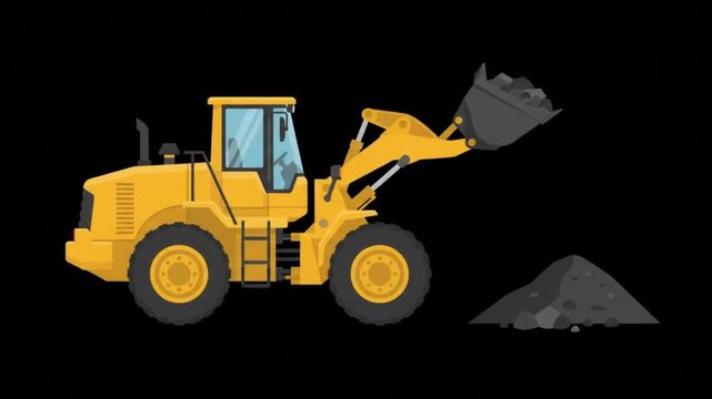 Yellow wheel loader digging gravel pile construction site animation