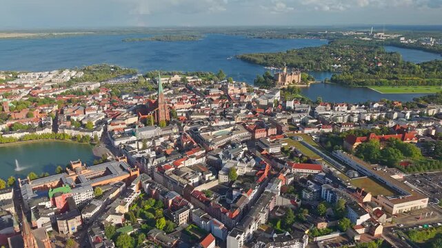 High angle Drone Point of View on Schwerin, capital and second-largest city of the northeastern German state of Mecklenburg-Vorpommern, flying sideways from right to left