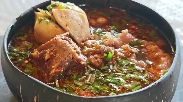 Tom Yum wide rice noodles in a bowl.