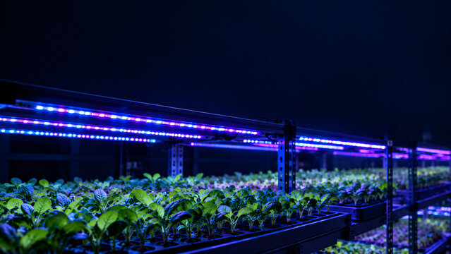 Vertical farm with rows of young green seedlings under purple and blue LED grow lights at night, hydroponic indoor agriculture technology