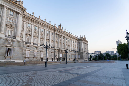 Exterior of the Royal Palace and Public Square in Madrid Spain at Sunrise