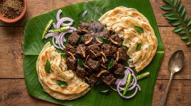 South Indian Kerala Beef Roast Fry with Parotta Bread served on Banana Leaf Flat Lay