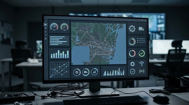 Fleet management dashboard on monitor with blank route map, logistics software mockup with copy space