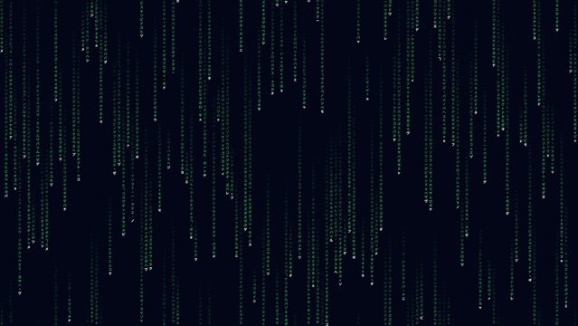 A digital matrix effect with vertical streams of small green glowing dots and binary code falling down against a solid dark black background texture