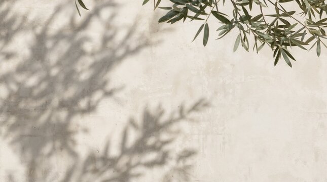 Beige microcement wall with olive branch shadow