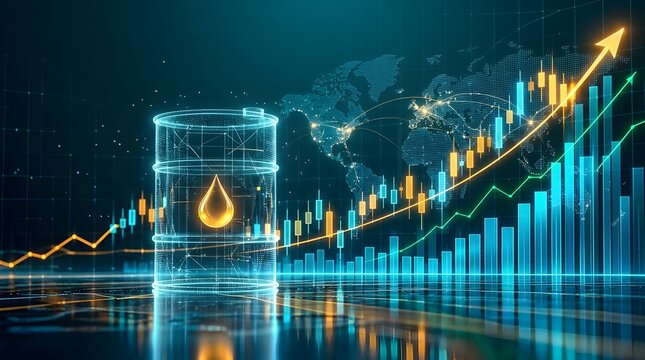 Oil barrel with financial trading charts and global trade map