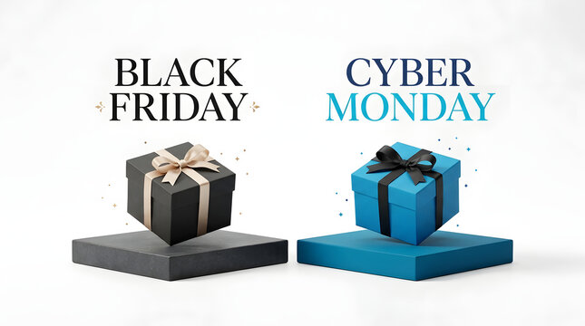 Gift boxes on platforms representing black friday and cyber monday retail events with box