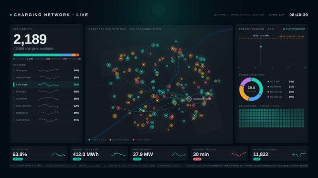 Monitor the availability and energy demand of an EV charging network with a detailed dashboard showcasing real-time data visualizations and interactive elements.