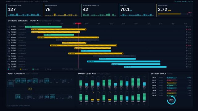 A fleet EV charging dashboard visualizes vehicle schedules, battery levels, and charger statuses on a high-tech interface with vibrant colors and animated elements for effective management.