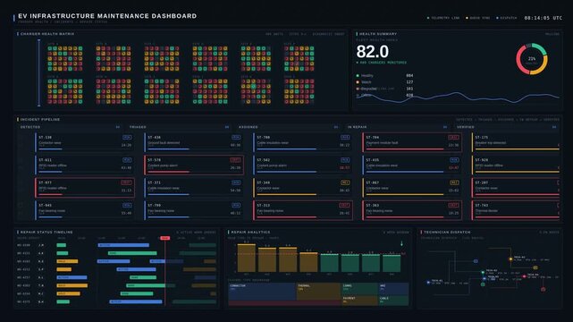 This EV infrastructure maintenance dashboard effectively tracks charger health incidents and repair status with a clear visual layout and dynamic interface for optimal management.