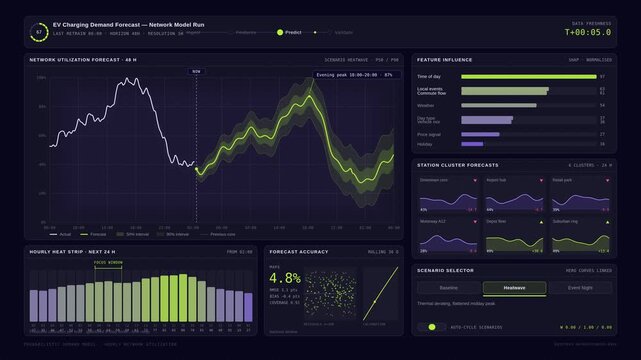 An analytical AI EV charging demand forecasting dashboard displaying a 48-hour network utilization forecast with interactive modules and dynamic visualizations.