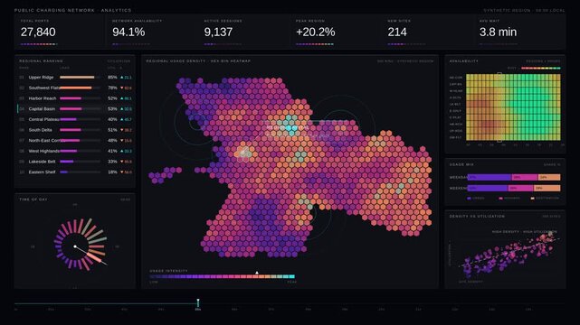 Explore a public charging network analytics dashboard featuring regional usage heatmaps, availability metrics, and dynamic visual elements for effective data analysis.