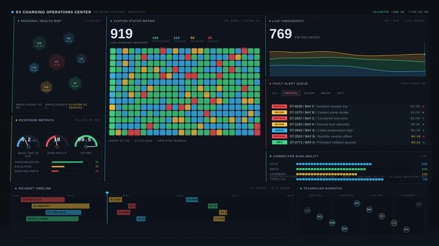A modern electric vehicle charging operations center displaying station status and fault alerts in a dynamic video wall layout with real-time data visualizations and interactive elements.