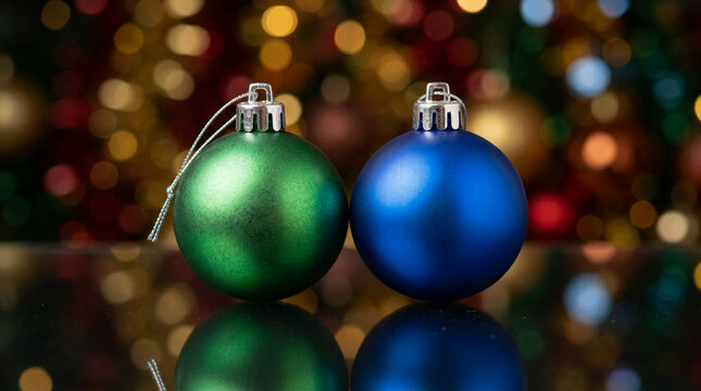 Two round Christmas ornaments, one green and one blue, sit on a reflective surface against a bokeh background of festive lights, symbolizing celebration and holiday joy