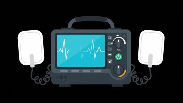 Medical defibrillator device in action with electrode pads connected