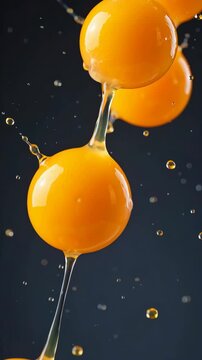 bright golden egg yolks frozen during a dramatic upward toss, smooth spherical yolks suspended at different heights with glossy surfaces, tiny liquid droplets nearby, isolated on dark background