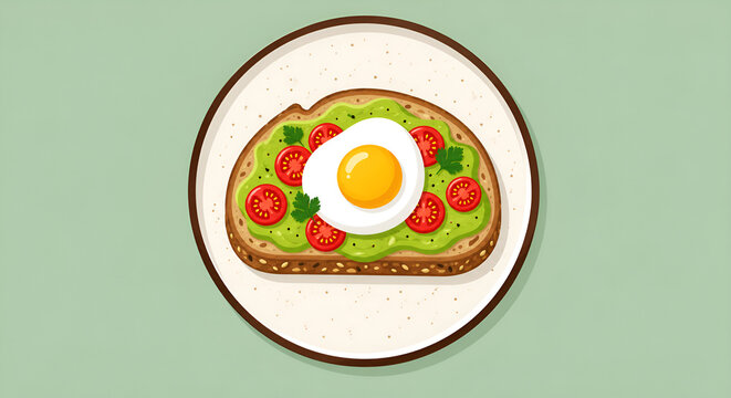 Avocado toast with fried egg and cherry tomatoes vector illustration on plate