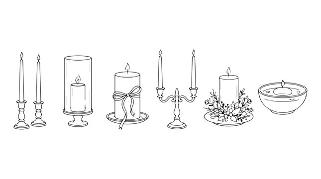 Candle set line art collection, hand drawn vector illustration of decorative candles and candlesticks
