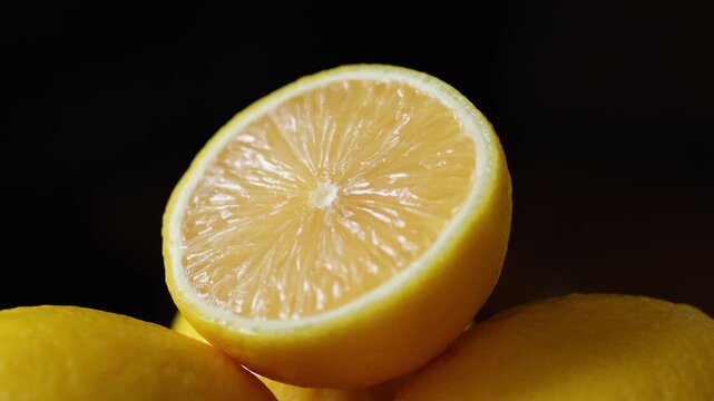 Fresh lemon slices on wooden plate on black background