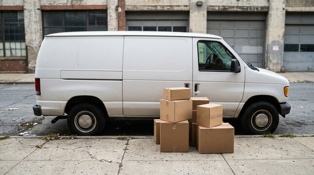 Van parked at curb beside stack of cardboard boxes, parcel delivery and shipping service concept