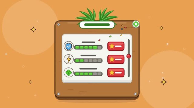 Cartoon wooden game interface board displaying player statistics and attributes with shield energy and luck icons